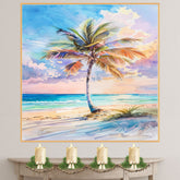 Tropical Beach Sunset with Colorful Palm Tree Watercolor Painting Ocean View on Ready to Hang 1.5" Thick Canvas Wrap, Floating Framed Canvas, Flat Rolled Canvas